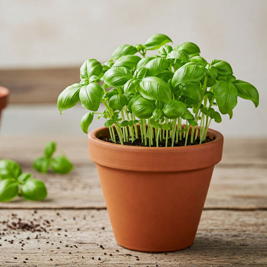 basil italian seed growing in a terracotta pot