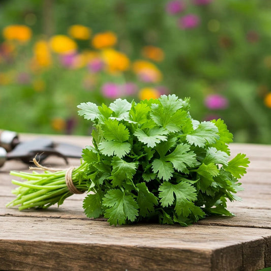 harvested coriander bunch on a table