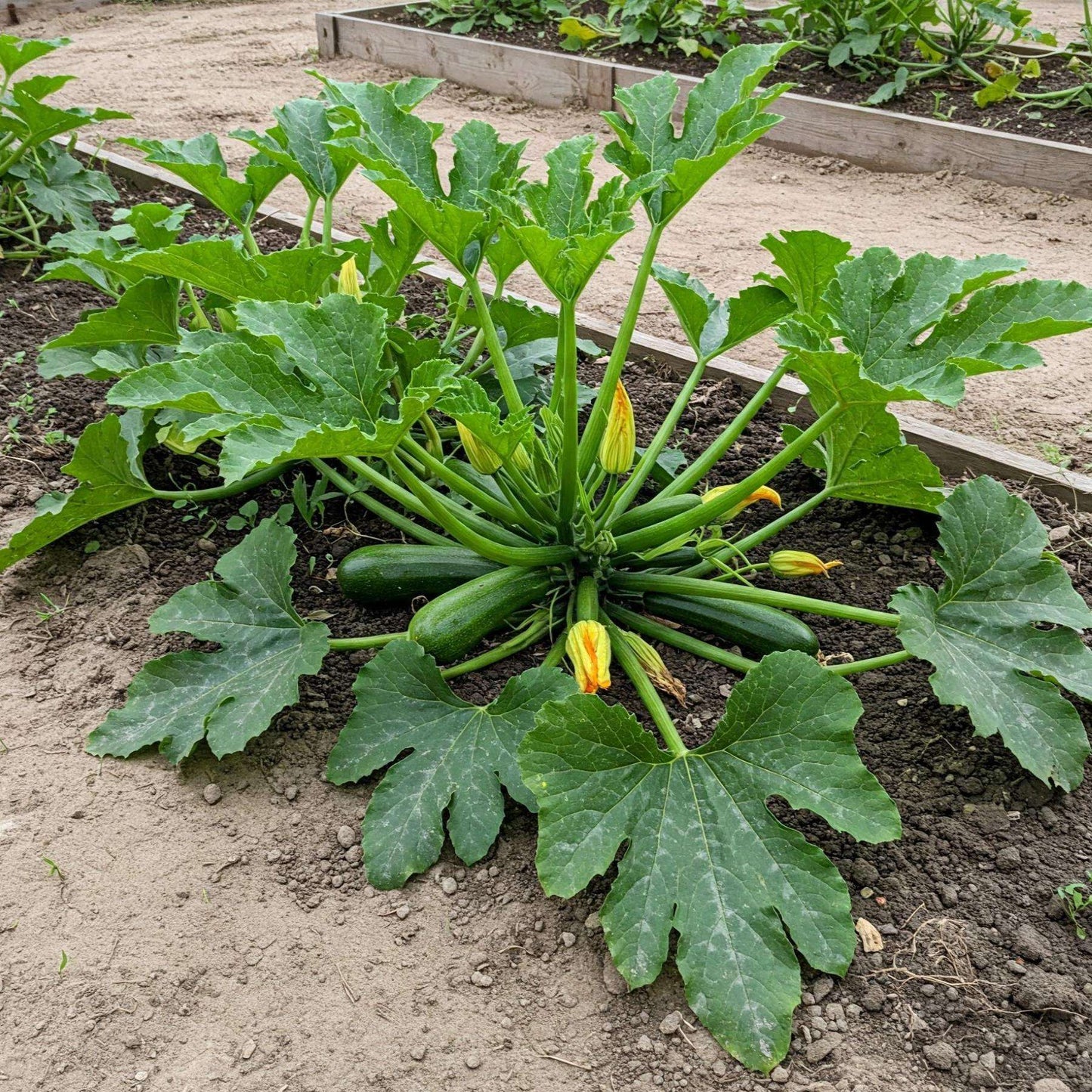 Courgette green zucchini plant growing in a raised garden bed