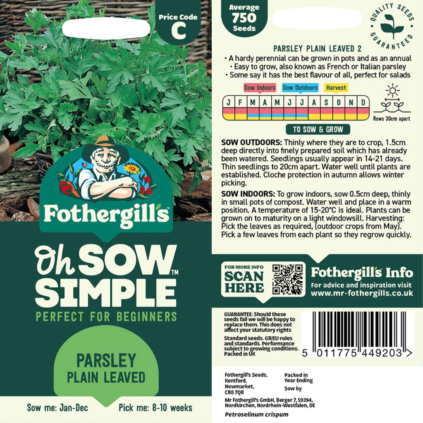 Parsley Plain Leaved seed packet information